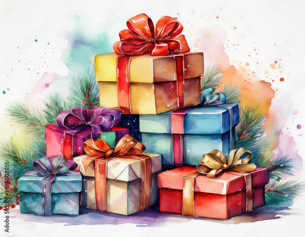 Fototapeta premium A pile of watercolor christmas present boxes.