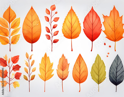 Watercolor autumn leaves set on a white background