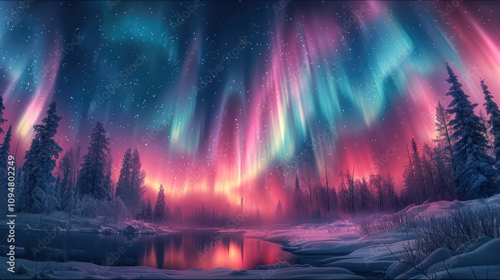 Fototapeta premium The Northern Lights, pink, blue and green auroras appear in arcs under the starry sky. The pine trees covered with rime are reflected by the aurora into pink treetops.