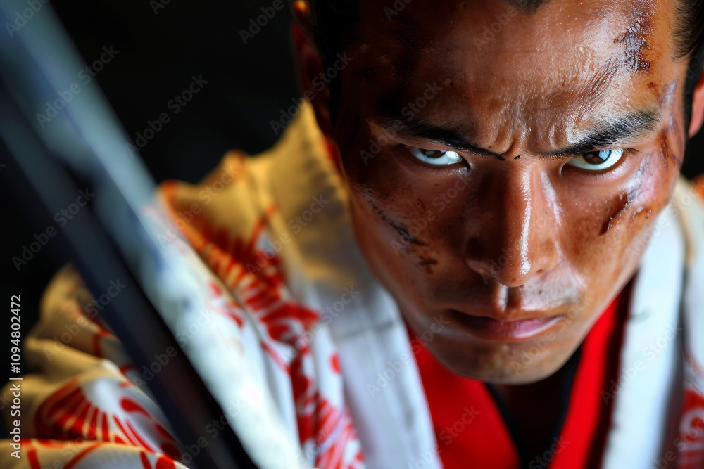 Generative AI Traditional Samurai Warrior with Intense Expression in Historical Armor, legend character Generative AI Traditional Samurai Warrior with Intense Expression in Historical Armor, legend character