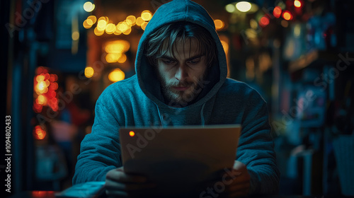 A young man wearing a hoodie studies a piece of paper intently in a cozy, dimly lit room adorned with warm decorative lights