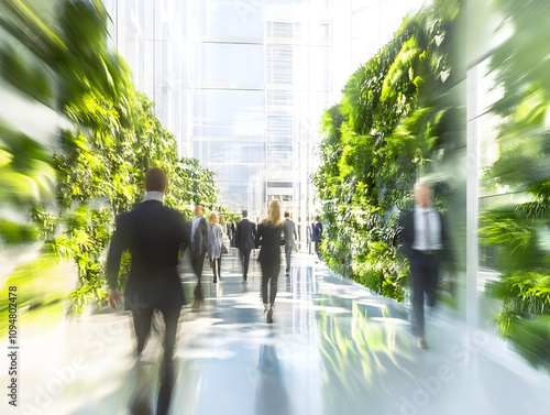 	
Abstract long exposure motion crowd business people walking commercial centre corporate green office in modern city lobby. Green sustainability natural light indoor plants garden environment