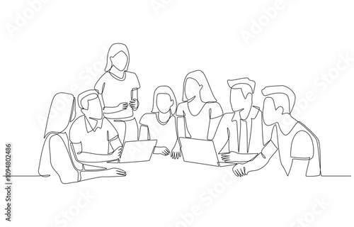 Continuous one line drawing of employees wearing casual clothes meeting in office, discussing work in modern office concept, single line art.