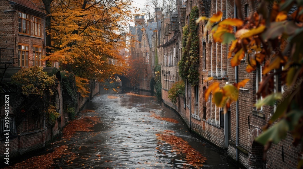 Fototapeta premium Discover the Enchantment of Autumn in the Scenic Canals of Historic Bruges, Belgium