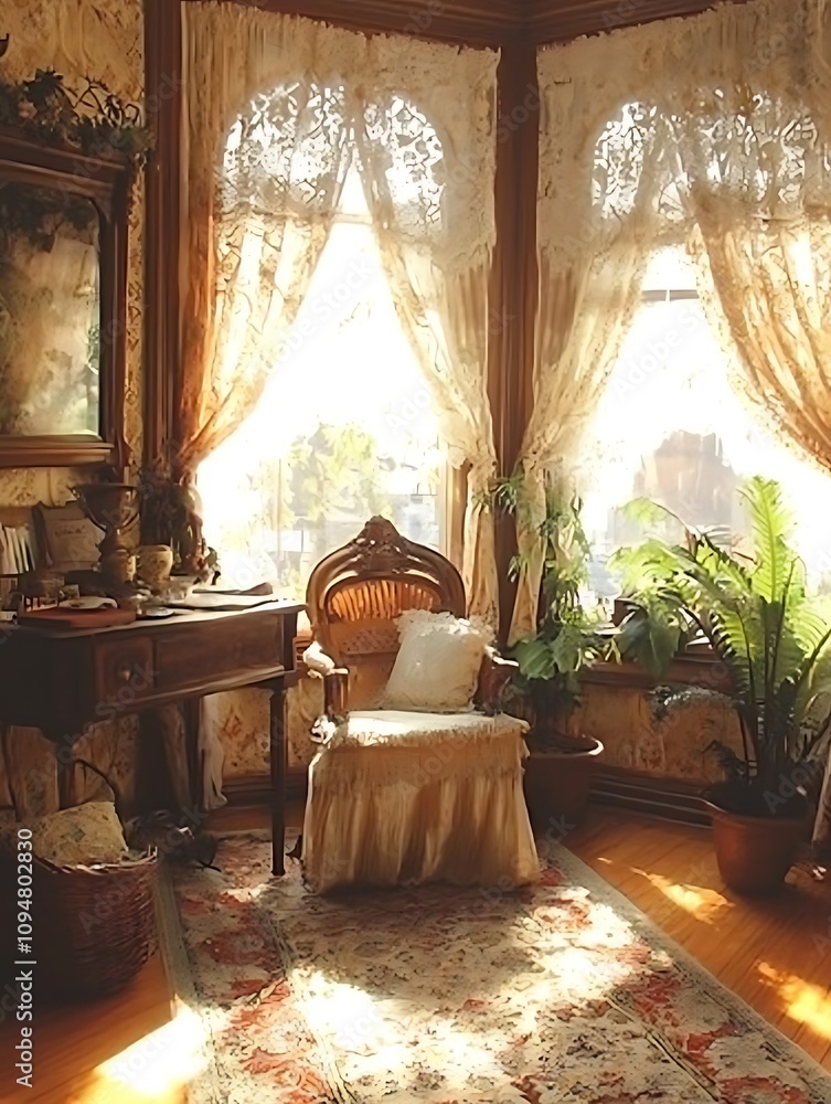 Fototapeta premium Sunlit Victorian Room with Antique Chair and Writing Desk.