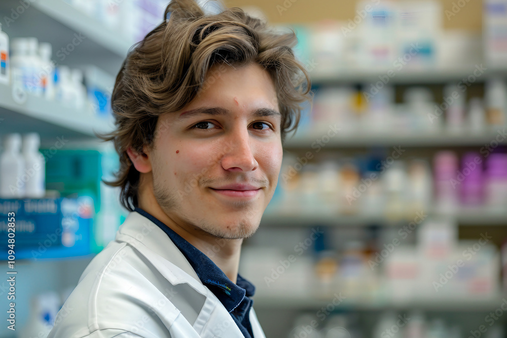 Obraz premium Pharmacist with a white lab coat standing confidently in front of medicine shelves generative AI