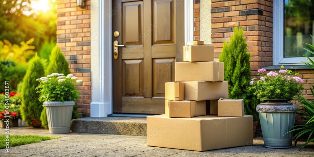 Stacked Packages Delivered at Front Door: A Cozy Scene of Online Shopping Convenience with High Depth of Field Focus on Delivery Boxes and a Welcoming Entrance Stacked Packages Delivered at Front Door: A Cozy Scene of Online Shopping Convenience with High Depth of Field Focus on Delivery Boxes and a Welcoming Entrance