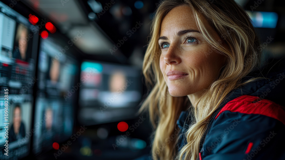 A woman engaged in data analysis in a tech-driven setting, intently observing multiple screens filled with information and visuals A woman engaged in data analysis in a tech-driven setting, intently observing multiple screens filled with information and visuals
