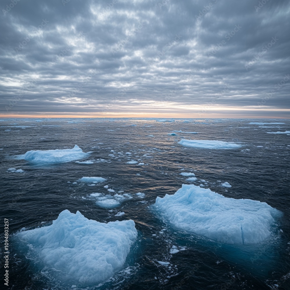 Calm Arctic Scene with Icebergs and Cloudy Sky Calm Arctic Scene with Icebergs and Cloudy Sky