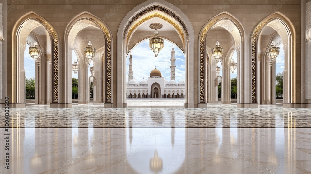 Fototapeta premium Serene mosque window features Islamic arches and geometric designs, highlighting a golden sunset and city skyline, casting gentle shadows inside