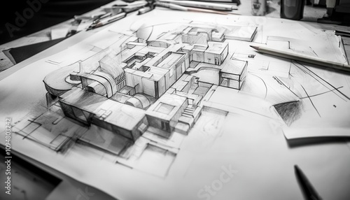 Pencil sketch of a complex architectural design, halfcompleted, on a drafting table, detailed and inspiring for creatives photo