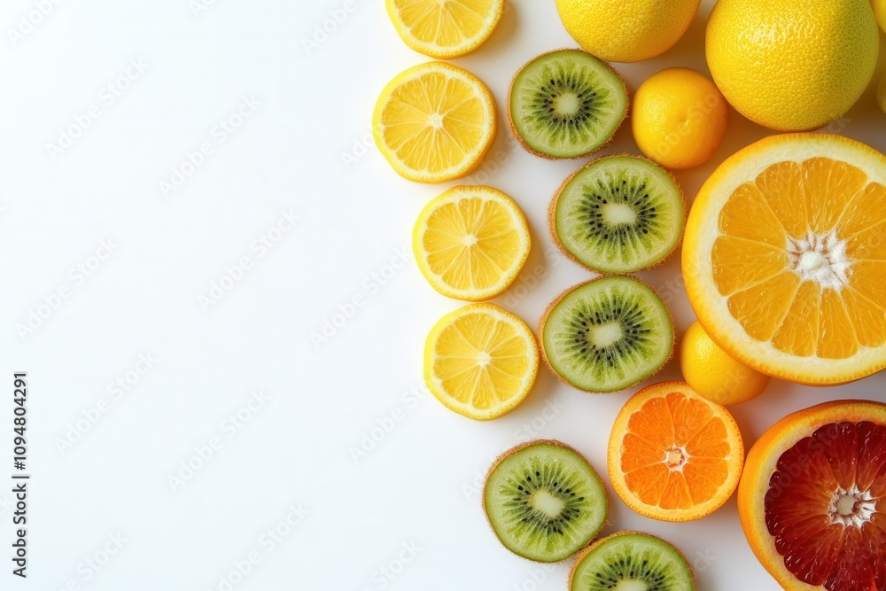 A vibrant assortment of fresh citrus and kiwi slices on a clean background. A vibrant assortment of fresh citrus and kiwi slices on a clean background.