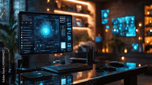 A modern workspace featuring a high-tech computer setup with ambient lighting.