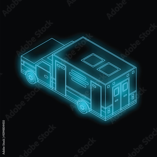 Glowing blue wireframe of a mobile medical unit, representing a modern approach to healthcare accessibility