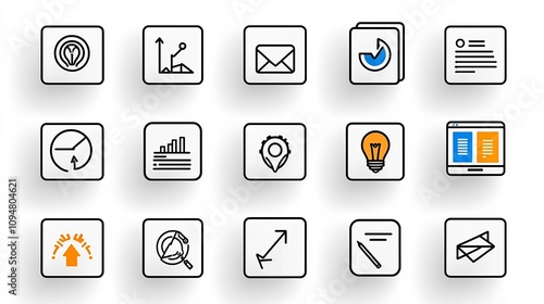 Set of Minimal Black and White Outline Icons Representing Digital Marketing Project Coordination Process Flow Productivity Tracking and Business Analytics