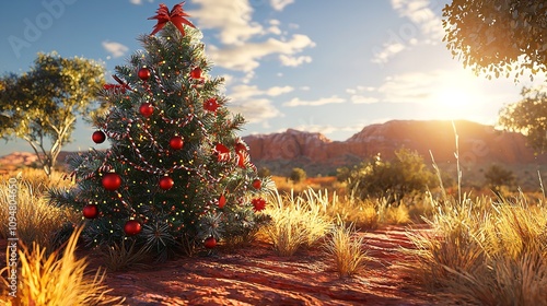 Outback Australian Christmas scene features festive decorations under soft daylight sunlit landscape