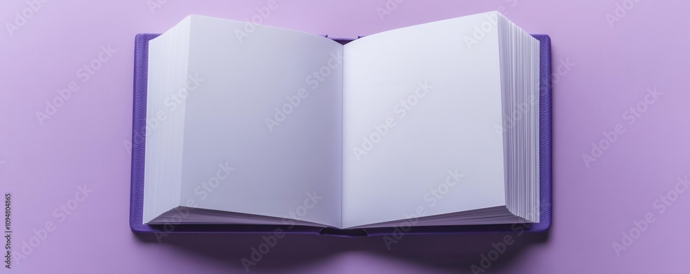 Purple leatherbound diary, top view on a soft lavender background, pages open to a blank spread Purple leatherbound diary, top view on a soft lavender background, pages open to a blank spread