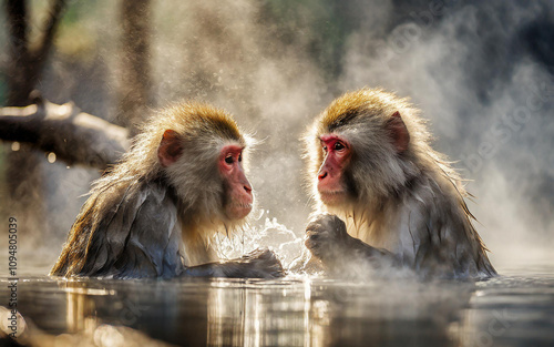 two Japanese macaque monkey bathing in hot onsen bath, Ki generated photo