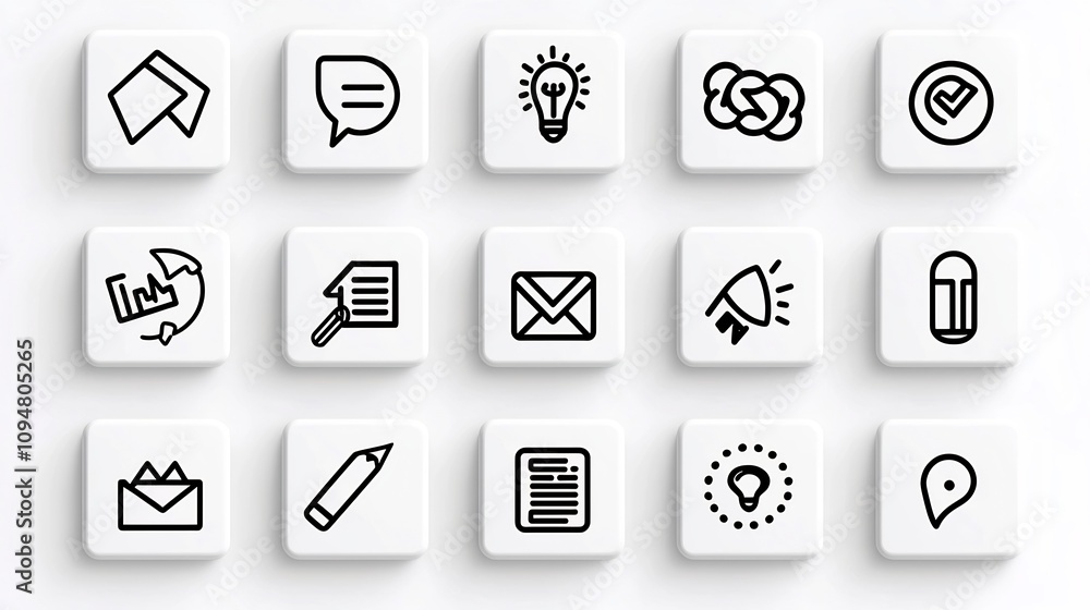 Sleek and minimalist black and white outline icon set depicting various aspects of digital marketing and business such as teamwork process management data tracking and performance analytics Sleek and minimalist black and white outline icon set depicting various aspects of digital marketing and business such as teamwork process management data tracking and performance analytics