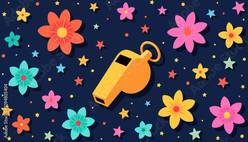 Yellow whistle surrounded by colorful flowers and stars on dark background, Bloquinho de Carnaval, Carnival Celebration theme photo