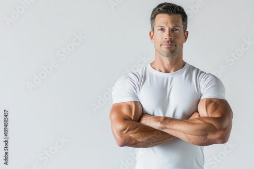 Portrait of a confident man with muscular build, arms crossed, against a plain background.