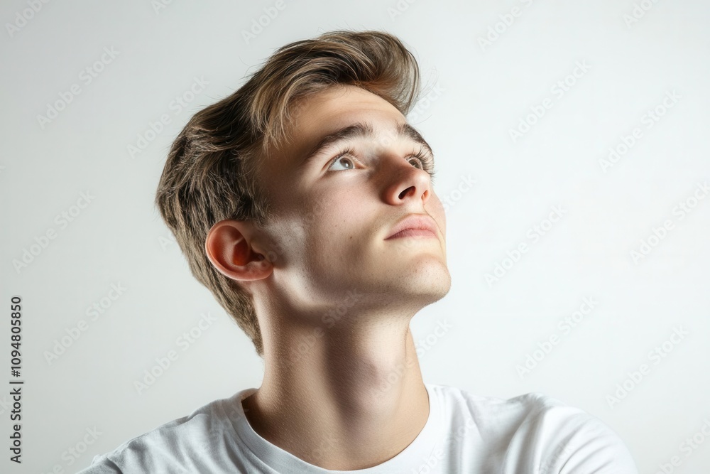 Young man looking upward with a contemplative expression against a simple backdrop. Young man looking upward with a contemplative expression against a simple backdrop.