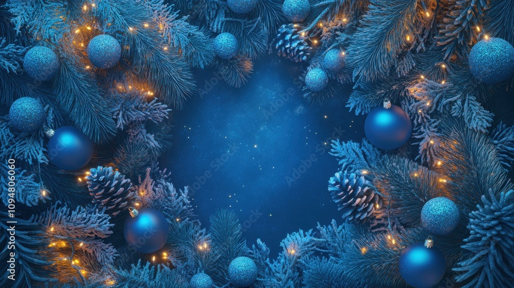 Blue ornaments and twinkling lights hang delicately among lush green foliage, enhancing a cheerful holiday spirit in a cozy setting. Blue ornaments and twinkling lights hang delicately among lush green foliage, enhancing a cheerful holiday spirit in a cozy setting.