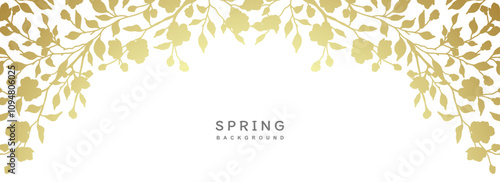 Floral gold frame. Border with silhouettes of Spring flowering branches. Abstract floral background. Vector illustration for design of card, banner, wedding invitation, advertising, packaging