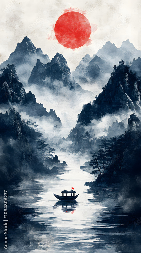A traditional Chinese ink painting background featuring majestic mountains and tranquil water, embodying the beauty of nature and the harmony between man and the environment, perfect for cultural and A traditional Chinese ink painting background featuring majestic mountains and tranquil water, embodying the beauty of nature and the harmony between man and the environment, perfect for cultural and