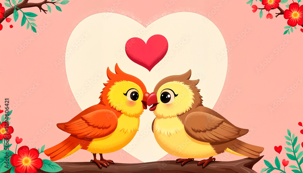 Obraz premium Two cute birds kissing with heart and flowers on pink background, Kiss Day celebration, Valentine’s Day theme