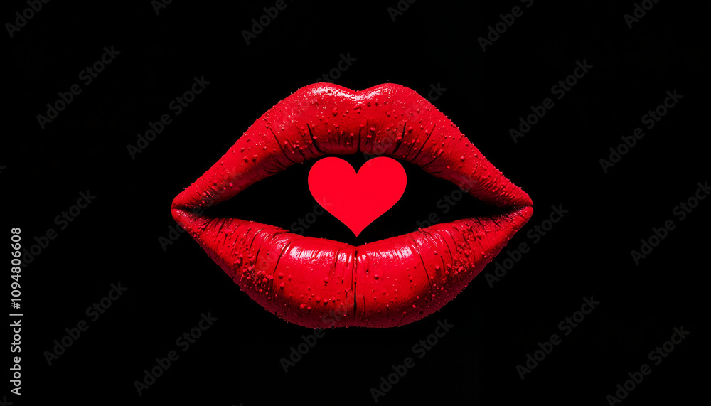 Lips with red glossy lipstick and heart symbol on black background, Kiss Day celebration, Valentine’s Day theme Lips with red glossy lipstick and heart symbol on black background, Kiss Day celebration, Valentine’s Day theme