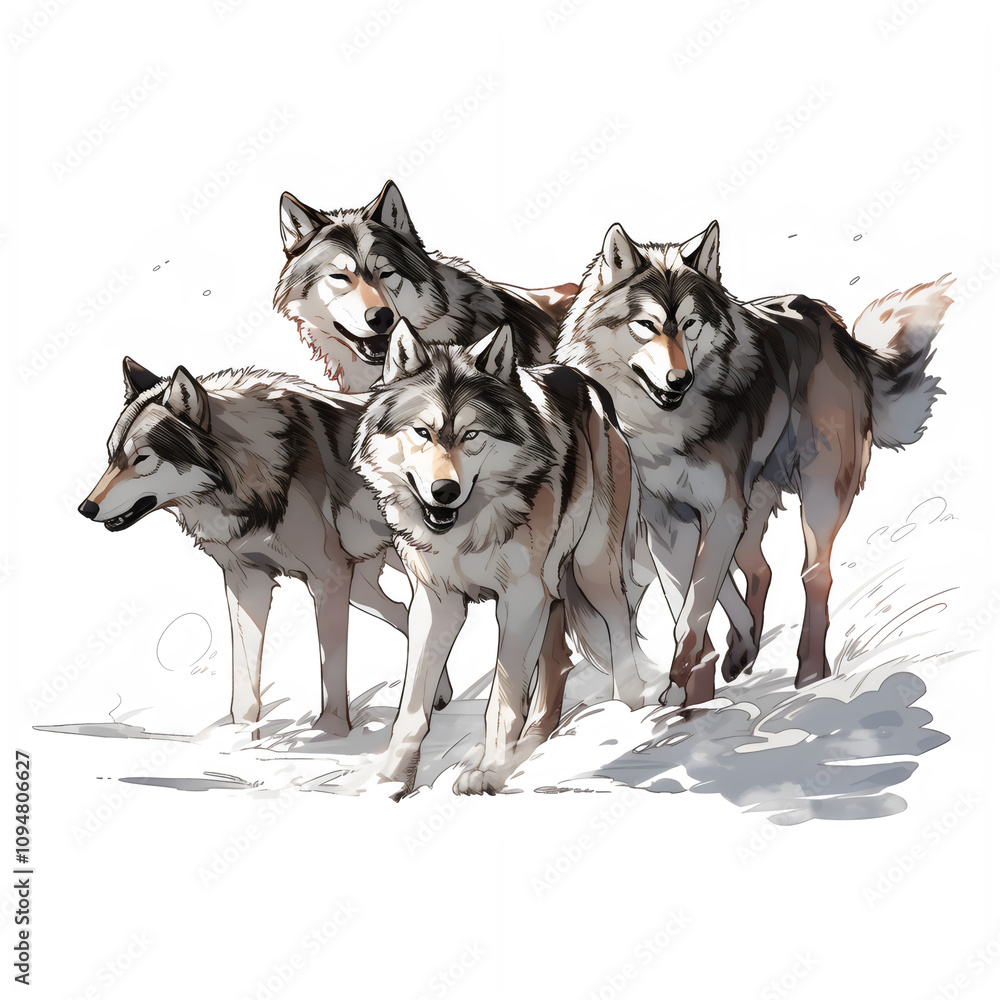 Naklejka premium walking wolves in nature illustration isolated white background, clipart, water color, wolf clipart, wolf water color, image wolf kids book, wolf cartoon