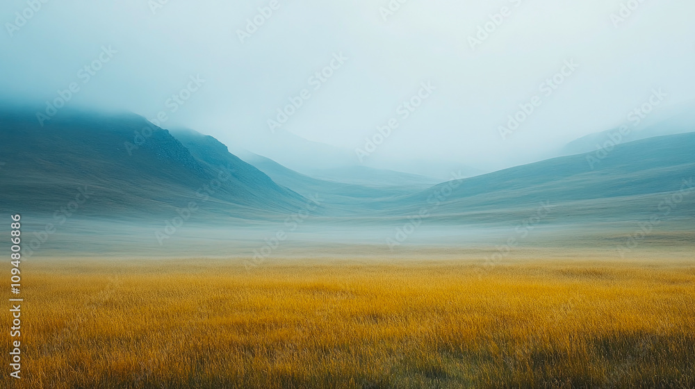 A tranquil valley features golden grass illuminated by soft light, while fog drapes over distant mountains during the calm morning hours A tranquil valley features golden grass illuminated by soft light, while fog drapes over distant mountains during the calm morning hours