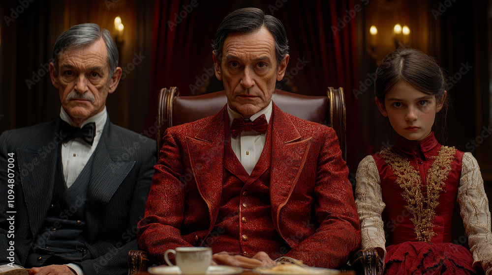 Three individuals in formal attire sit in a vintage, luxurious setting, their serious expressions adding to the tense atmosphere