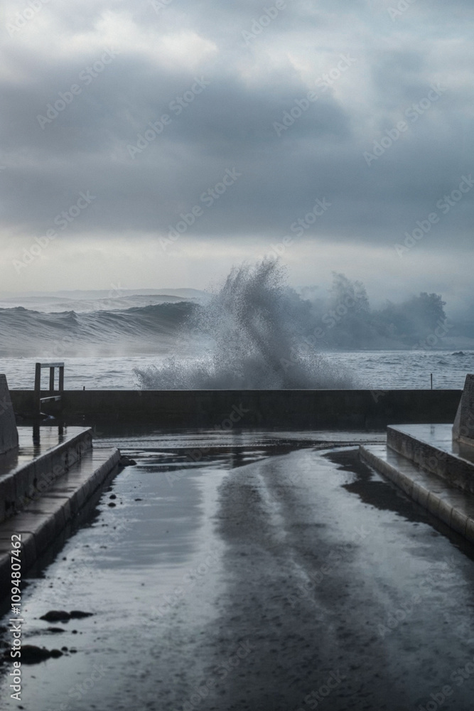 Urban empty street leading to a seaside breakwater made of concrete. A giant wave crashing and splashing water. Giant waves in the ocean in a stormy gray weather. Wet puddles of water in the concrete Urban empty street leading to a seaside breakwater made of concrete. A giant wave crashing and splashing water. Giant waves in the ocean in a stormy gray weather. Wet puddles of water in the concrete