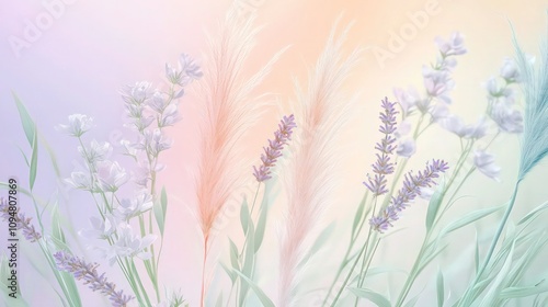 Soft focus lavender and grasses create a delicate, dreamy background for romantic or spring advertising designs.