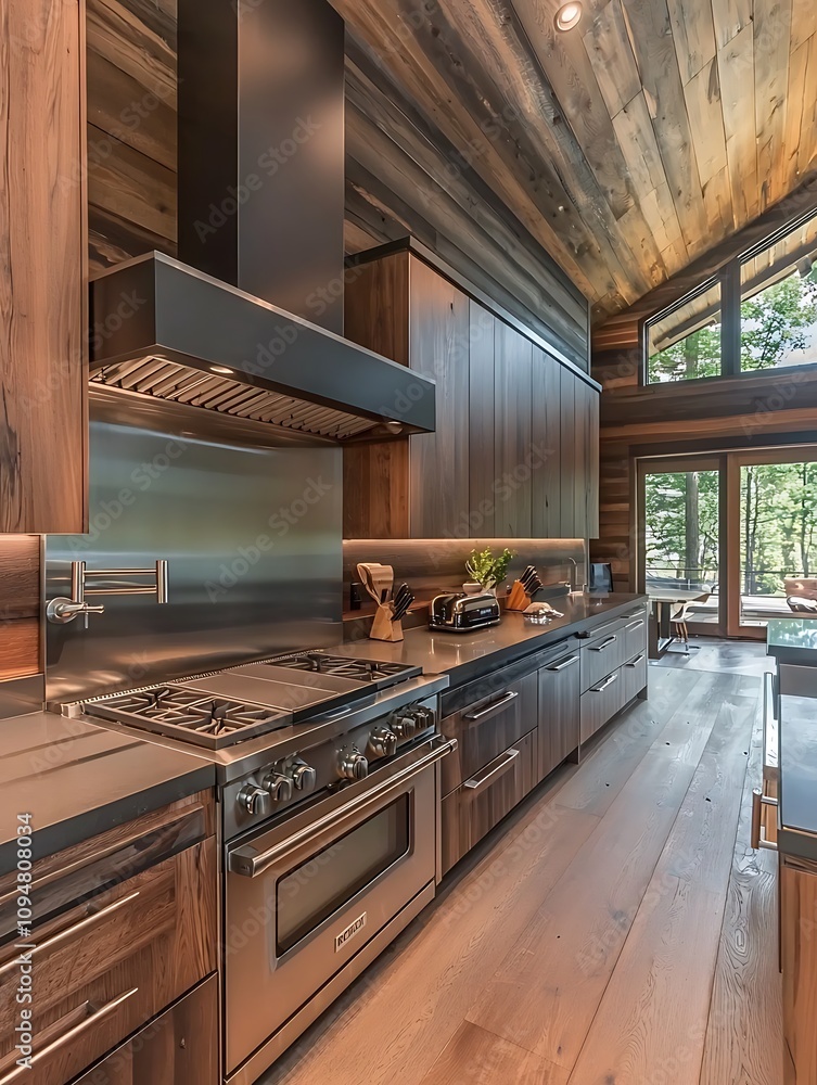 Modern Luxury Kitchen with Stainless Steel Appliances and Wood Accents. Modern Luxury Kitchen with Stainless Steel Appliances and Wood Accents.