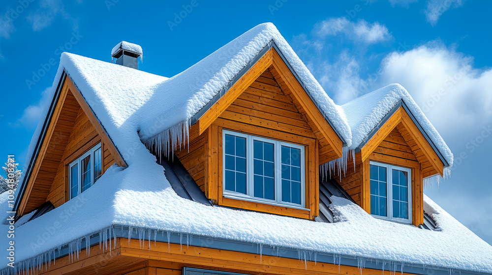 A wooden house with icicles hangs from the eaves, surrounded by pristine snow under a bright blue sky, illustrating a tranquil winter wonderland A wooden house with icicles hangs from the eaves, surrounded by pristine snow under a bright blue sky, illustrating a tranquil winter wonderland