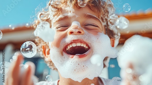 Joyful child playing with bubbles in sunny backyard during summer afternoon