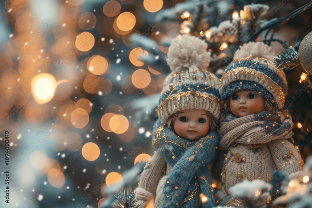 Two charming handmade dolls dressed in winter attire stand close to a beautifully decorated Christmas tree. Christmas and New Year greetings. With copy space Two charming handmade dolls dressed in winter attire stand close to a beautifully decorated Christmas tree. Christmas and New Year greetings. With copy space