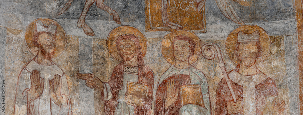Romanesque fresco of two archbishops and two deacons