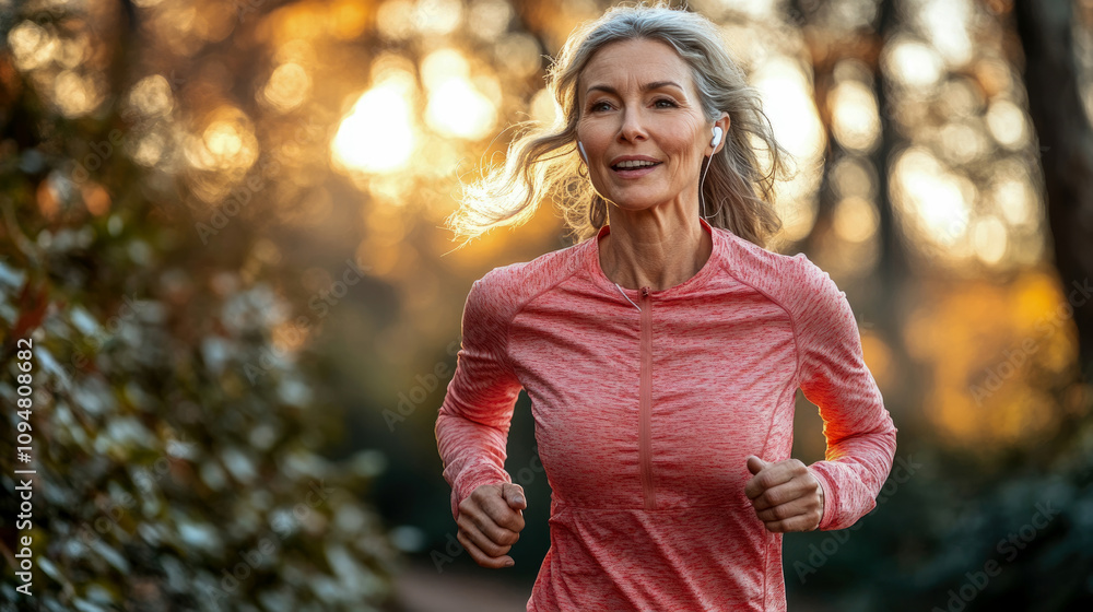 A middle-aged woman runs along a wooded path as the sun sets, enjoying her exercise routine with a joyful expression and earbuds in place A middle-aged woman runs along a wooded path as the sun sets, enjoying her exercise routine with a joyful expression and earbuds in place