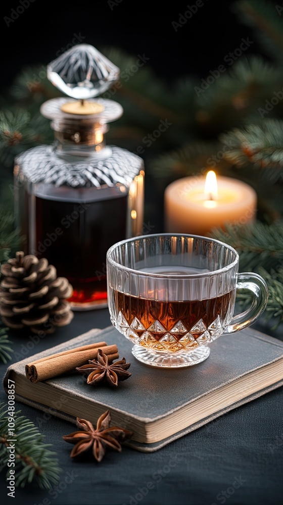 A glass cup filled with herbal tea rests on an old book among spices, with a lit candle and dark liquid adding warmth to the ambiance A glass cup filled with herbal tea rests on an old book among spices, with a lit candle and dark liquid adding warmth to the ambiance