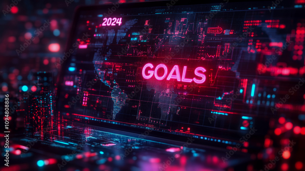 A laptop screen displays the word 'GOALS' in bright neon pink, surrounded by a vibrant digital grid that represents the year 2024