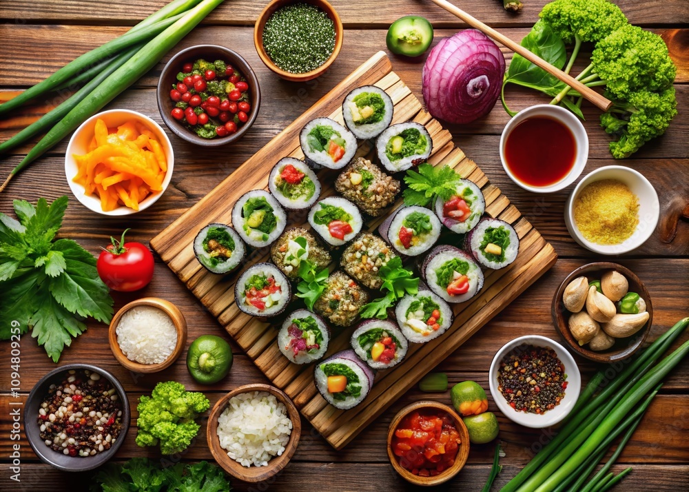 Aerial View of a Colorful Kimbap Menu Spread Including Various Sushi Rolls, Fresh Vegetables, and Dipping Sauces on a Rustic Wooden Table Aerial View of a Colorful Kimbap Menu Spread Including Various Sushi Rolls, Fresh Vegetables, and Dipping Sauces on a Rustic Wooden Table