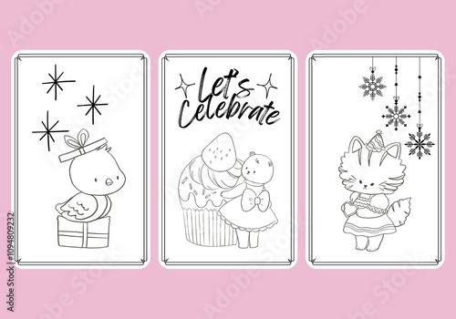 Animal doodle gift tags. Isolated badges with cute kawaii, celebrate holiday party.