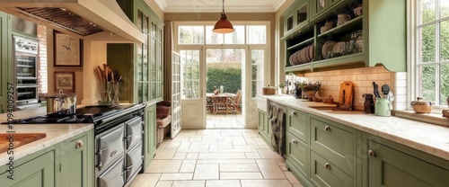 Elegant Green Kitchen With Garden View And Aga Range Cooker