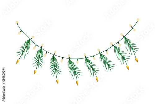 Seamless Christmas Border Vector - Festive Garland with Lights and Coniferous Branches for Elegant Holiday Decor