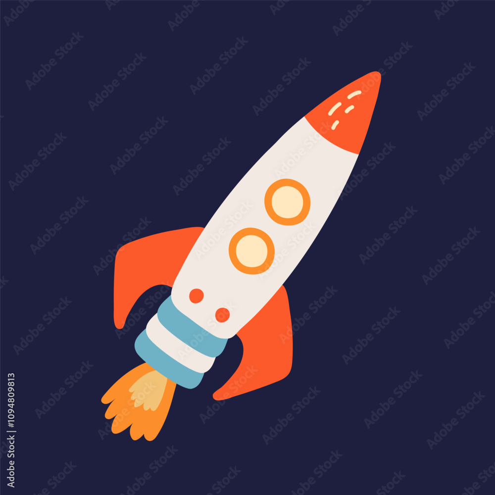 Colorful rocket illustration with bold red and white design on dark background. Colorful rocket illustration with bold red and white design on dark background.