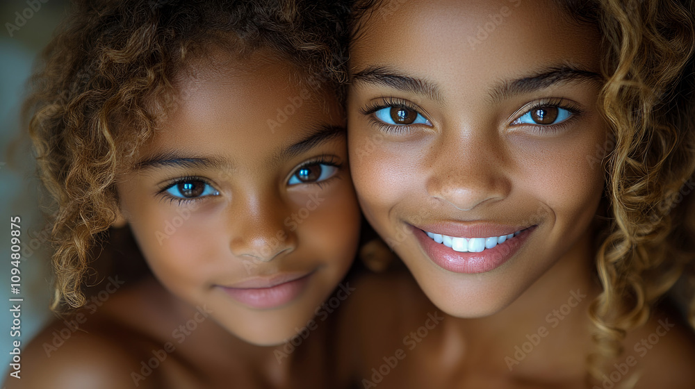 Two sisters with curly hair and radiant smiles pose closely together, showcasing their happiness and strong bond in a warm and inviting setting Two sisters with curly hair and radiant smiles pose closely together, showcasing their happiness and strong bond in a warm and inviting setting